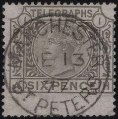 139472 1877 6D GREY TELEGRAPH PL.1 WMK SPRAY (T6/L212) VERY FINE USED.