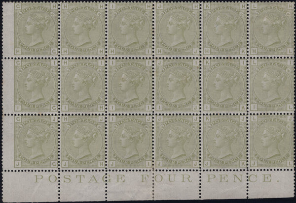 139485 1877 4D SAGE-GREEN PL.16 EXCEPTIONAL MINT MARGINAL BLOCK OF EIGHTEEN (SG153).