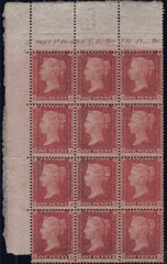 139487 1857 DIE 2 1D PL.57 VERY FINE MINT BLOCK OF TWELVE (SG40) WITH PLATE NUMBER AND MARGINAL INSCRIPTION.