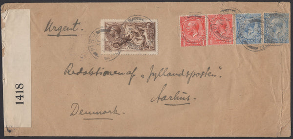 139500 1917 MAIL LONDON TO DENMARK WITH DE LA RUE 2/6 DEEP YELLOW-BROWN (SG405) AND KGV 1D X TWO  AND 2½D X TWO.