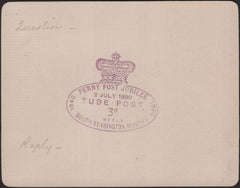 139503 1890 PENNY POSTAGE JUBILEE, CARD WITH SUPERB IMPRESSION 'TUBE POST 3D' HAND STAMP, SUGGESTED TO BE OF PROOF OF STATUS.
