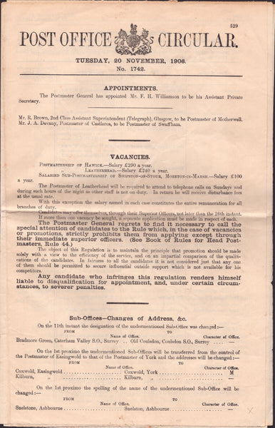 139507 'POST OFFICE CIRCULAR' DATED 20TH NOVEMBER 1906.