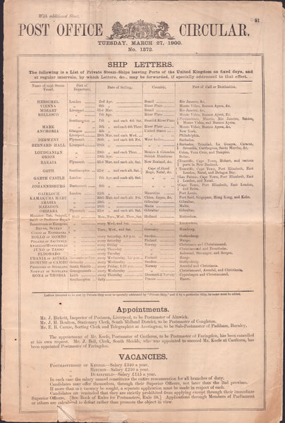 139508 'POST OFFICE CIRCULAR' DATED TUESDAY MARCH 27 1900.