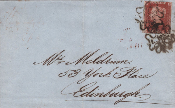 139519 1843 MAIL LONDON TO EDINBURGH WITH 1D (SG8) CANCELLED TWO STRIKES LONDON NO. '11' IN MALTESE CROSS (SPEC B1uk).