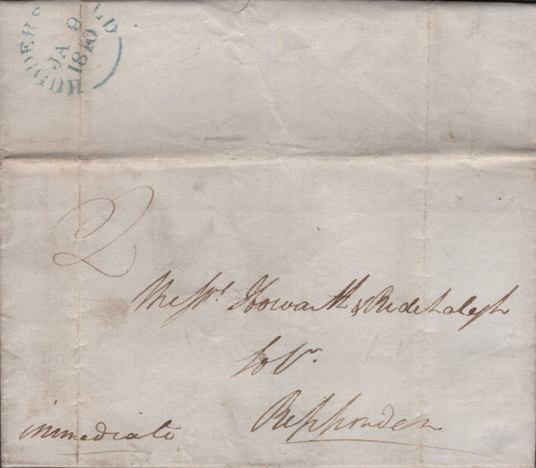 139524 1840 UNIFORM FOURPENNY POST, UNPAID MAIL FROM HUDDERSFIELD TO RIPPONDEN ON JANUARY 9TH, LAST DAY OF UNIFORM FOURPENNY POST.