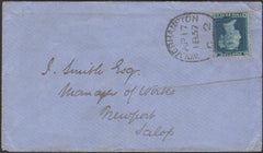 139525 1857 MAIL WOLVERHAMPTON TO NEWPORT, SALOP WITH 2D BLUE PL.5 (SG34), 'WOLVERHAMPTON/905' SPOON TYPE B (RA126).