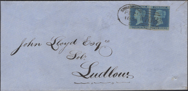139527 1855 MAIL SHREWSBURY TO LUDLOW WITH VERY FINE PAIR 2D BLUE PL.4 (SG19), 'SHREWSBURY/708' SPOON (RA116).