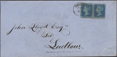 139527 1855 MAIL SHREWSBURY TO LUDLOW WITH VERY FINE PAIR 2D BLUE PL.4 (SG19), 'SHREWSBURY/708' SPOON (RA116).