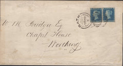 139530 1856 LARGE PART WRAPPER BATH TO WORTHING WITH 2D BLUE PL.5 (SG34) X 2 WITH BATH SIDEWAYS DUPLEX.