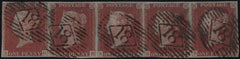 139533 1845 1D PL.56 (SG8) HORIZONTAL STRIP OF FIVE SHOWING 'E' FLAW (SPEC BS45f).