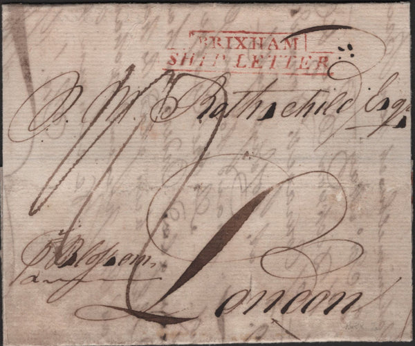 139541 1828 LETTER, RE-BACKED, FROM RIO TO LONDON WITH 'BRIXHAM/SHIP LETTER' HAND STAMP (ROB S.4).