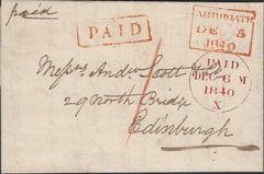 139554 1840 PRE-PAID MAIL ARBROATH TO EDINBURGH WITH ARBROATH 'PAID' HAND STAMP.