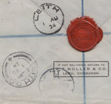 139555 1924 REGISTERED MAIL LEITH TO DENMARK WITH KGV 3D EMBOSSED ENVELOPE UPRATED WITH 1D AND 1½D WEMBLEY ISSUES (SG430/431).