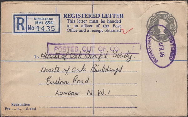 139558 1966 2/1D GREY REGISTERED ENVELOPE BIRMINGHAM TO LONDON 'POSTED OUT OF COURSE'.