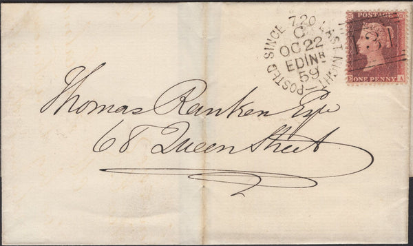 139563 1859 MAIL USED IN EDINBURGH WITH 'POSTED SINCE 7.20 LAST NIGHT/131' DUPLEX.