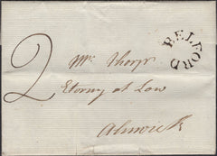 139576 1796 MAIL BAMBURGH CASTLE, NORTHUMBERLAND TO ALNWICK WITH 'BELFORD' HORSESHOE HAND STAMP (NR79).