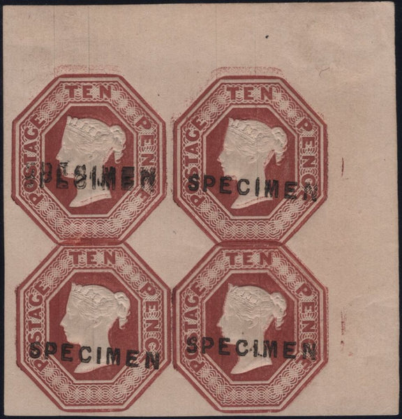 139595 1848 10D EMBOSSED (SG57) CORNER MARGINAL MINT BLOCK OF FOUR WITH 'SPECIMEN' OVERPRINT (SPEC H2s).