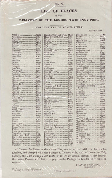 139596 1833 POSTAL NOTICE 'LIST OF PLACES IN THE DELIVERY OF THE LONDON TWOPENNY-POST'.