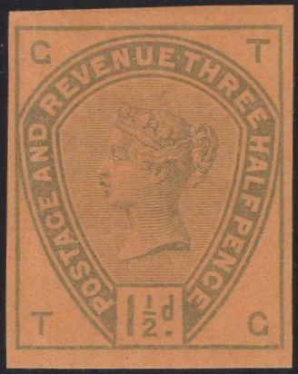 139598 1884 1½D LILAC (SG188) IMPERF COLOUR TRIAL IN GREEN ON ORANGE PAPER.