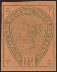 139598 1884 1½D LILAC (SG188) IMPERF COLOUR TRIAL IN GREEN ON ORANGE PAPER.