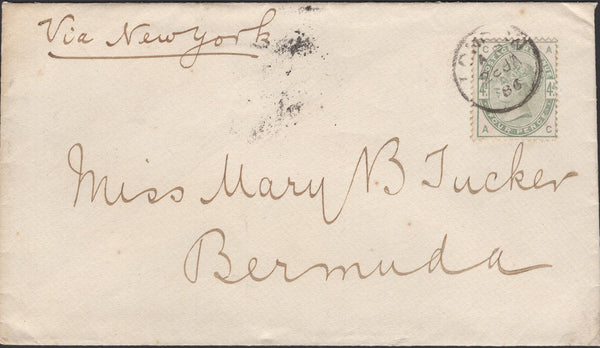 139611 1886 MAIL LONDON TO BERMUDA WITH 4D DULL GREEN (SG192) WITH CDS CANCELLATION.