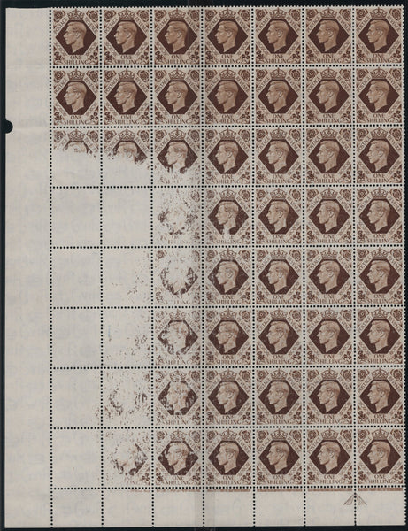 139620 1937 1S BISTRE-BROWN (SG475) MINT BLOCK OF 56 WITH 24 STAMPS AFFECTED BY DRY PRINT.