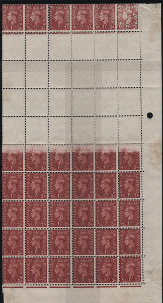139622 1942 1½D PALE RED-BROWN (SG487) MINT BLOCK OF 60 WITH MAJOR PRINTING FLAW LEAVING 18 STAMPS TOTALLY BLANK.