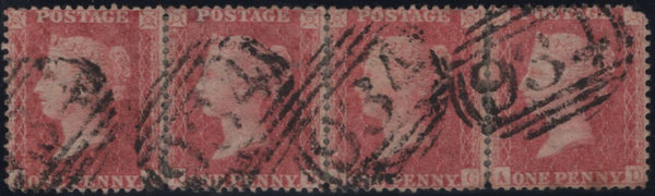 139624 1857 DIE 2 1D PL.44 PALE ROSE SAVOY STREET PRINTING (SPEC C9A(1) USED STRIP OF FOUR.