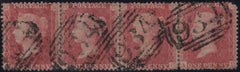 139624 1857 DIE 2 1D PL.44 PALE ROSE SAVOY STREET PRINTING (SPEC C9A(1) USED STRIP OF FOUR.