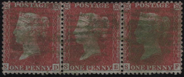 139629 1856 DIE 2 1D PL.22 (SG29) GOOD TO FINE USED STRIP OF THREE.