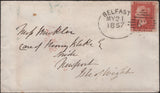 139632 1857 MAIL BELFAST TO ISLE OF WIGHT WITH DIE 2 1D PL.34 SAVOY STREET PRINTING (SPEC C9A(2) WITH 'BELFAST/62' IRISH TYPE SPOON (RA12).