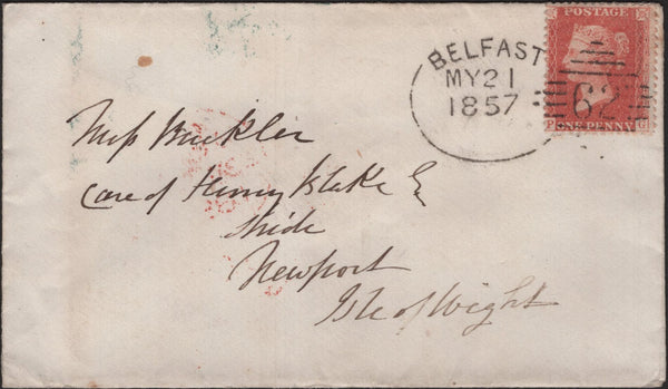 139632 1857 MAIL BELFAST TO ISLE OF WIGHT WITH DIE 2 1D PL.34 SAVOY STREET PRINTING (SPEC C9A(2) WITH 'BELFAST/62' IRISH TYPE SPOON (RA12).