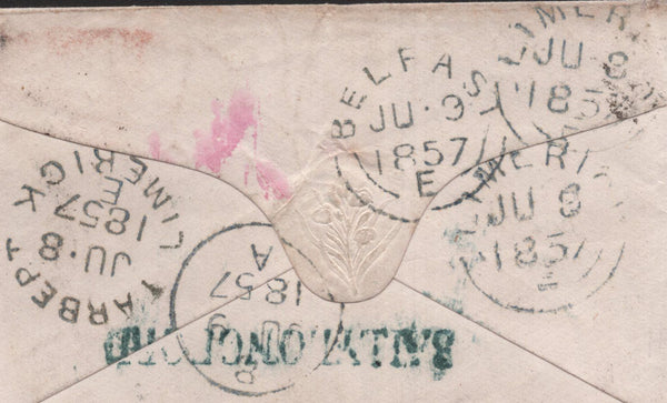 139636 1857 MAIL TARBERT, CO. KERRY TO BELFAST WITH DIE 2 1D PL.38 PALE ROSE SAVOY STREET PRINTING (SPEC C9A(1), 'BALLYLONGFORD' RECEIVERS HAND STAMP.