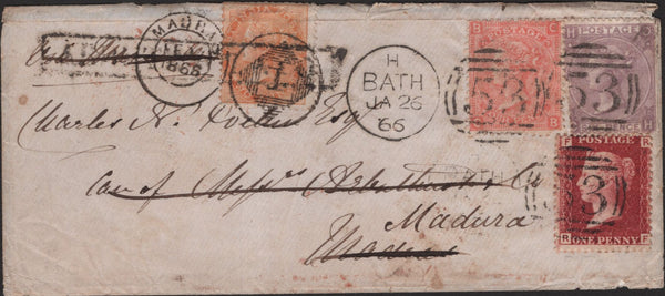 139657 1866 MAIL BATH TO MADRAS WITH 1D (SG43), 6D (SG96) AND 4D (SG93), RE-DIRECTED TO MADURA WITH INDIA 2as.