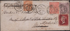 139657 1866 MAIL BATH TO MADRAS WITH 1D (SG43), 6D (SG96) AND 4D (SG93), RE-DIRECTED TO MADURA WITH INDIA 2as.