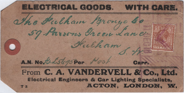 139663 1918 PARCEL TAG USED IN LONDON WITH 5D BISTRE-BROWN (SG383).