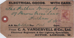 139663 1918 PARCEL TAG USED IN LONDON WITH 5D BISTRE-BROWN (SG383).