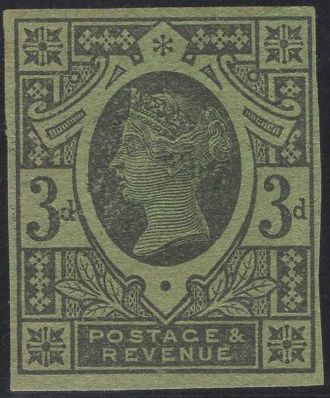 139669 1887 3D JUBILEE (SG203) IMPERFORATE PLATE PROOF IN DARK GREEN ON GREEN PAPER.
