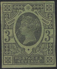 139669 1887 3D JUBILEE (SG203) IMPERFORATE PLATE PROOF IN DARK GREEN ON GREEN PAPER.