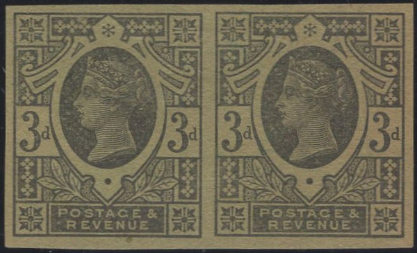139670 1887 3D JUBILEE (SG203) IMPERFORATE HORIZONTAL PAIR PLATE PROOF IN BLACK ON GREEN PAPER.