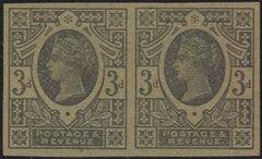 139670 1887 3D JUBILEE (SG203) IMPERFORATE HORIZONTAL PAIR PLATE PROOF IN BLACK ON GREEN PAPER.