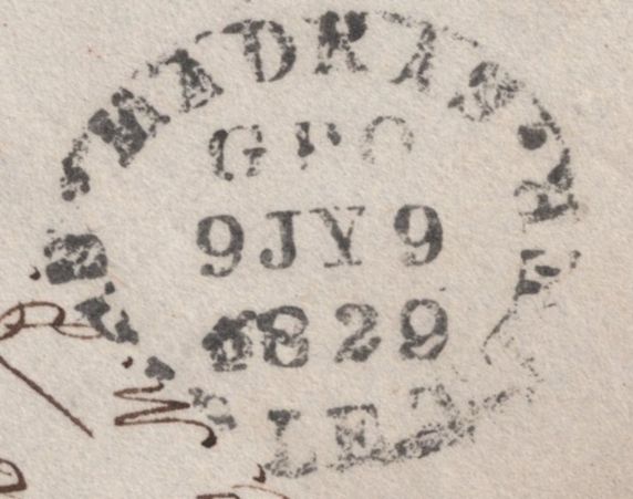 139676 1829 MAIL MADRAS TO LONDON WITH 'INDIA LETTER/PLYMOUTH' HAND STAMP (ROB In.1).