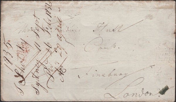 139678 1835 WRAPPER SYDNEY, AUSTRALIA TO LONDON WITH 'INDIA LETTER/PENZANCE' HAND STAMP (ROB In.1).