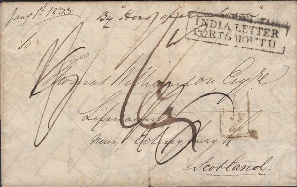 139680 1833 MAIL INDIA TO EDINBURGH WITH 'INDIA LETTER/PORTSMOUTH' HAND STAMP (ROB In.3).