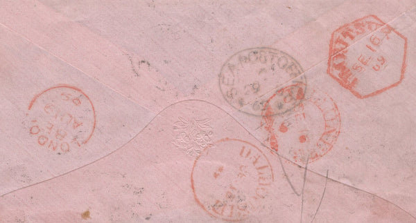 139683 1869 MAIL LANARK, SCOTLAND TO INDIA WITH 10D RED-BROWN (SG112) RE-DIRECTED WITHIN INDIA WITH 1A BROWN.