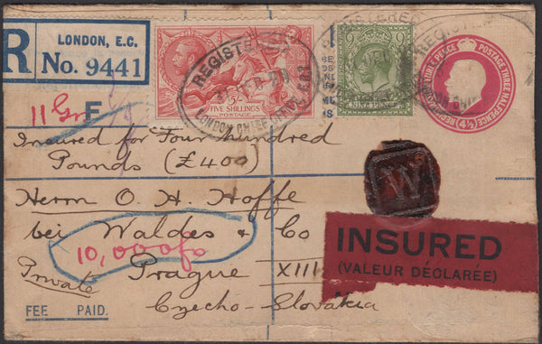139687 1929 REGISTERED INSURED MAIL LONDON TO PRAGUE WITH 5S SEAHORSE (SG416).