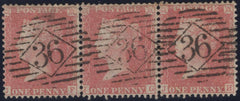 139694 1857 DIE 2 1D PL.44 PALE ROSE SAVOY STREET PRINTING (SPEC C9A(1) FINE USED STRIP OF THREE.