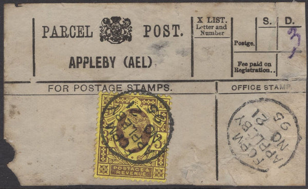 139698 1895 PARCEL POST LABEL 'APPLEBY (AEL)' WITH 3D JUBILEE (SG203).
