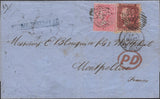 139702 1858 MAIL LONDON TO FRANCE WITH VERY SCARCE COMBINATION SURFACE PRINTED 4D CARMINE (SG66) AND 1D LINE ENGRAVED PERFORATION 16 (SG36).
