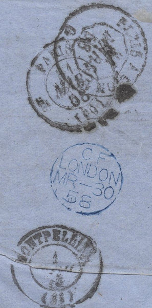 139702 1858 MAIL LONDON TO FRANCE WITH VERY SCARCE COMBINATION SURFACE PRINTED 4D CARMINE (SG66) AND 1D LINE ENGRAVED PERFORATION 16 (SG36).